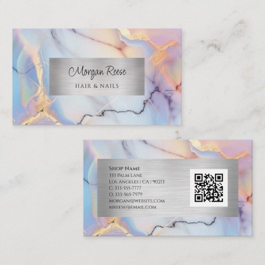Carte De Visite Marbre & Argent, Code QR (Devant / Derrière)