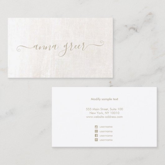 Carte De Visite Marbre blanc brossé à signature de script simple (Devant / Derrière)