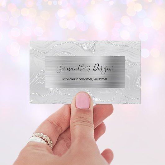 Carte De Visite Marbre Blanc de Luxe Agate Paillettes Argentées Gl