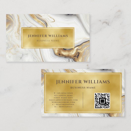 Carte De Visite Marbre blanc d'or QR Code moderne élégant (Devant / Derrière)