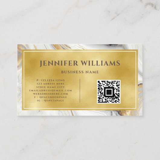Carte De Visite Marbre blanc d'or QR Code moderne élégant (Dos)