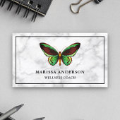 Carte De Visite Marbre blanc Élégant Papillon Vert