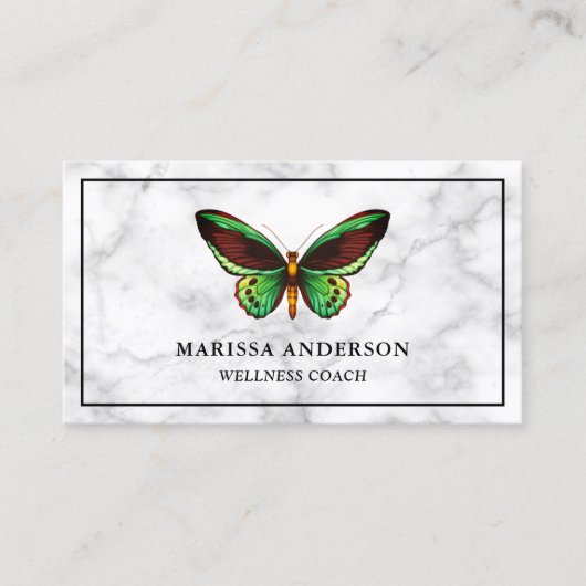 Carte De Visite Marbre blanc Élégant Papillon Vert (Devant)