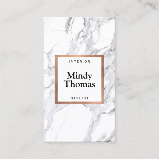 Carte De Visite Marbre blanc moderne Faux Rose Gold Frame (Devant)
