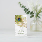 Carte De Visite Marbre blanc moderne Green Indian Peacock Feed (Debout devant)