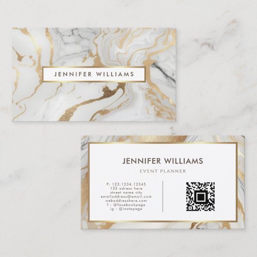 Carte De Visite Marbre blanc Or élégant code QR moderne (Devant / Derrière)