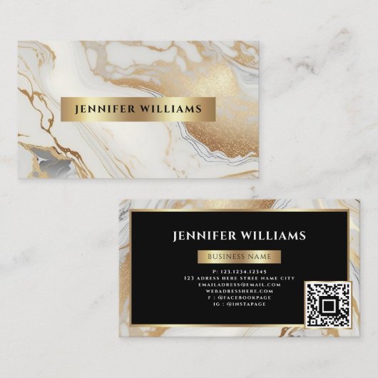 Carte De Visite Marbre blanc or élégant QR Code moderne (Devant / Derrière)