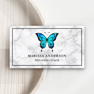 Carte De Visite Marbre Blanc Papillon Bleu Élégant