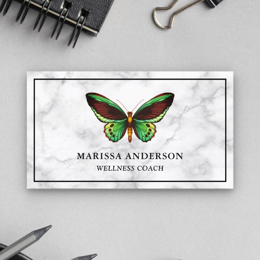Carte De Visite Marbre Blanc Papillon Vert Élégant