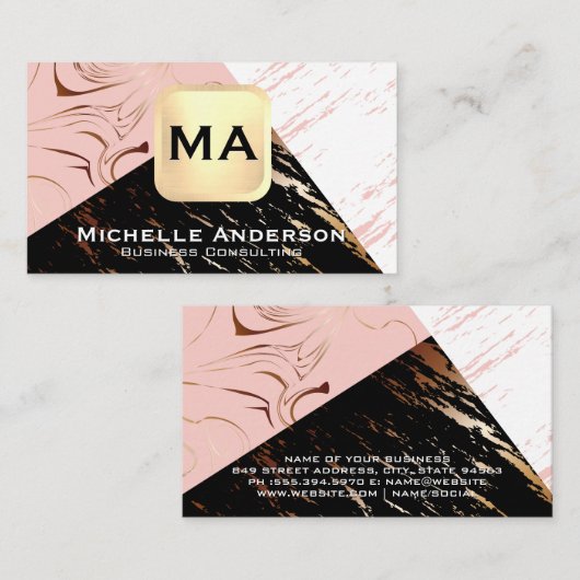 Carte De Visite Marbre blanc rose | Monogramme (Devant / Derrière)