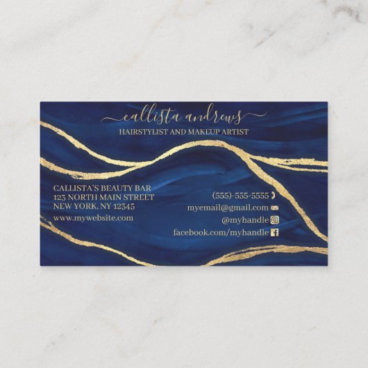 Carte De Visite Marbre Bleu Or Signature Script Maquillage Cheveux (Dos)