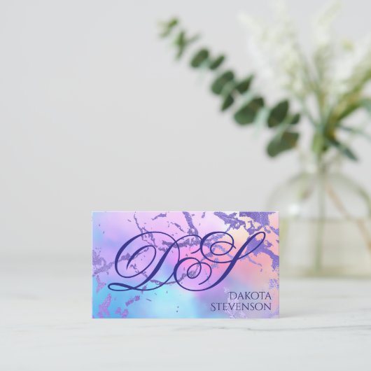 Carte De Visite Marbre cool | Monogramme rose pastel violet (Debout devant)