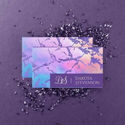 Carte De Visite Marbre cool | Monogramme rose pastel violet