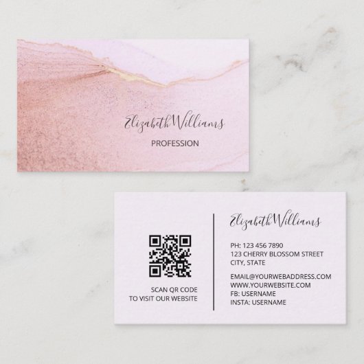 Carte De Visite Marbre d'encre or Apricot | Code QR (Devant / Derrière)