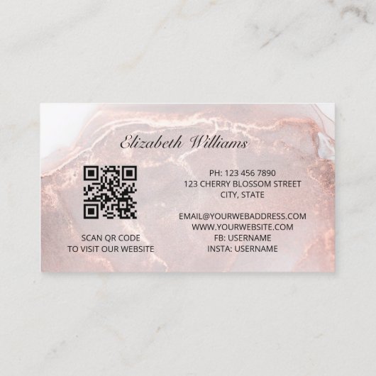 Carte De Visite Marbre d'encre or rose | Code QR (Dos)