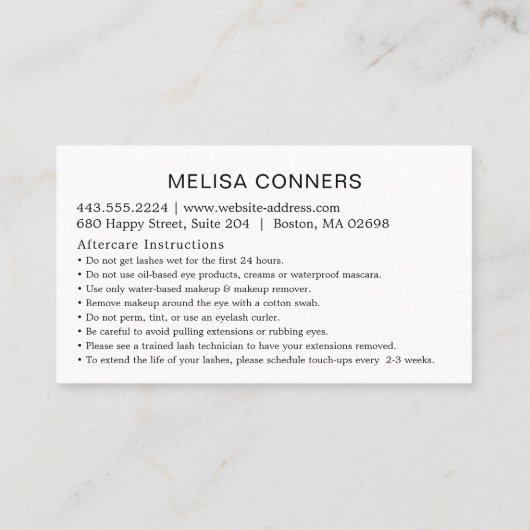Carte De Visite Marbre Gold Lash Beauté Aftercare Instruction (Dos)