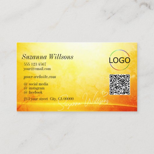Carte De Visite Marbré jaune orange courbé logo QR Code (Dos)