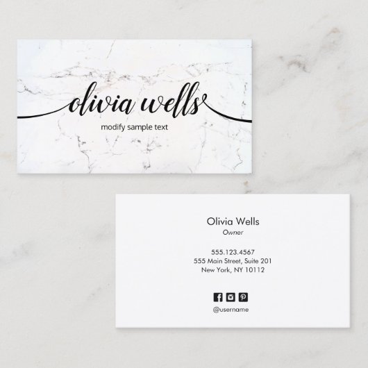 Carte De Visite Marbre noir blanc manuscrit Script Calligraphie (Devant / Derrière)