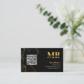 Carte De Visite Marbre Noir Élégant Or Initial Cheveux Code QR (Debout devant)