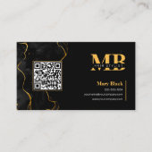 Carte De Visite Marbre Noir Élégant Or Initial Cheveux Code QR (Devant)