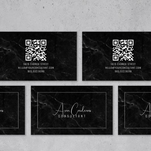 Carte De Visite Marbre noir ElegantScript QR CODE noir et blanc