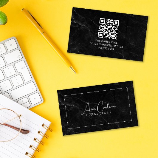 Carte De Visite Marbre noir ElegantScript QR CODE noir et blanc
