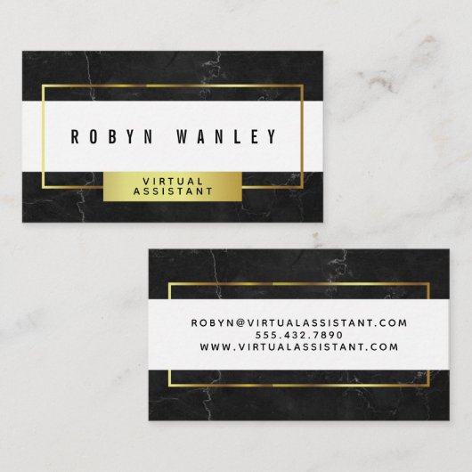 Carte De Visite Marbre noir moderne avec le blanc et l'or (Devant / Derrière)