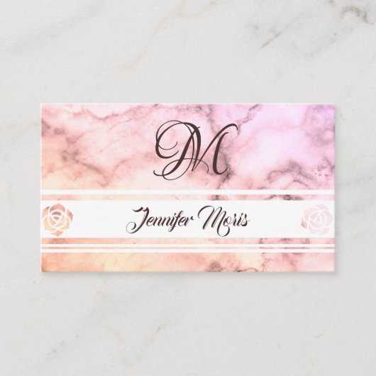 Carte De Visite Marbre pastel tendance beige rose avec monogramme (Devant)
