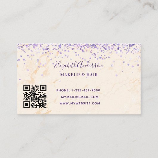 Carte De Visite Marbre pêche violet confetti qr code (Dos)