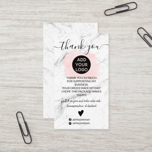 Carte De Visite Marbre rose brosse logo commander merci (Devant/Arrière en situation)