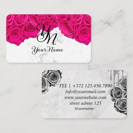 Carte De Visite Marbre rose Roses initial (Devant / Derrière)