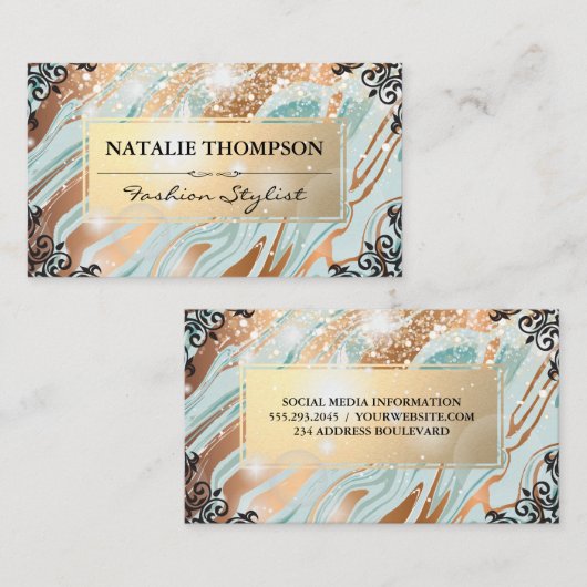 Carte De Visite Marbre vert or | Eléments fantaisie | Bokeh Glow (Devant / Derrière)