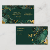 Carte De Visite Marbre vert simple et Monogramme or personnalisé (Devant / Derrière)