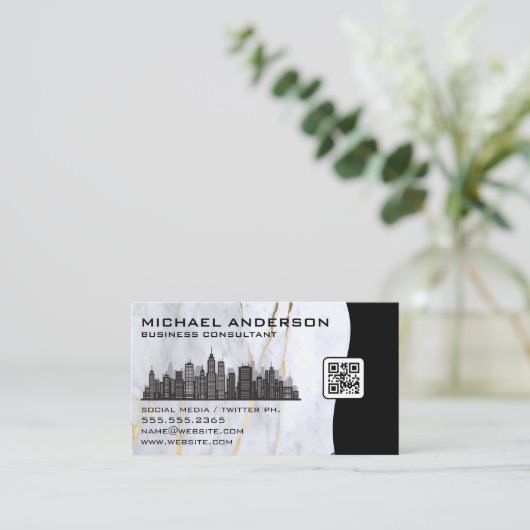 Carte De Visite Marbre | Ville Skyline | Code QR (Debout devant)