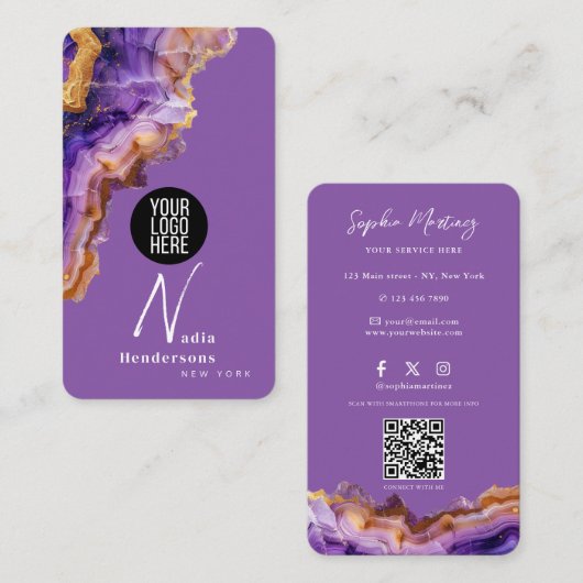 Carte de visite Marbre violet Agate et logo QR Cod (Devant / Derrière)