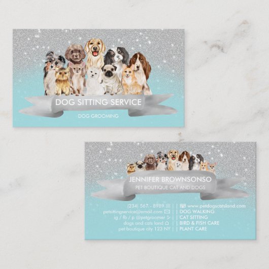 Carte De Visite Marcheur turquoise de chien martelé en argent (Devant / Derrière)