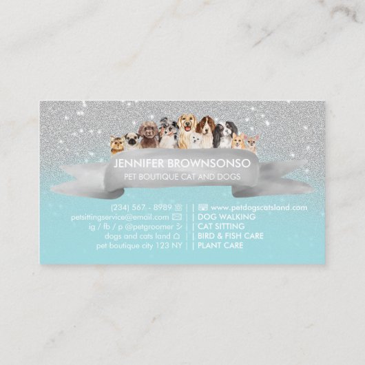 Carte De Visite Marcheur turquoise de chien martelé en argent (Dos)