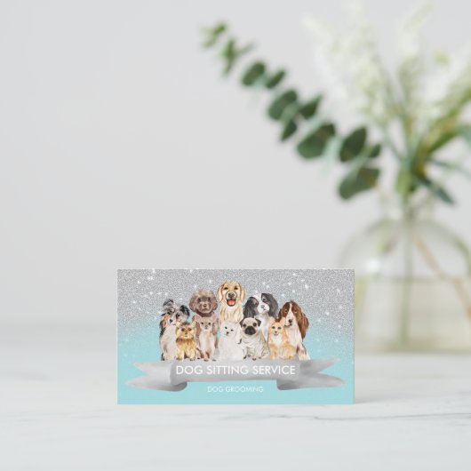 Carte De Visite Marcheur turquoise de chien martelé en argent (Debout devant)