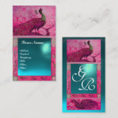 Carte De Visite MARIAGE AMOUR PAON MONOGRAMME rose bleu aigue-mari (Devant / Derrière)
