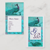Carte De Visite MARIAGE AMOUR PAONS MONOGRAMME Bleu sarcelle Aqua  (Devant / Derrière)