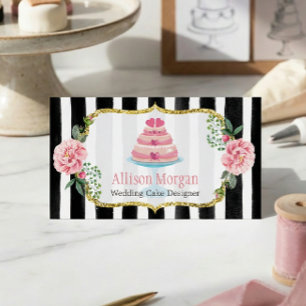 Carte De Visite Mariage Cake Design or rose floral rayé