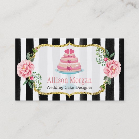 Carte De Visite Mariage Cake Design or rose floral rayé (Devant)