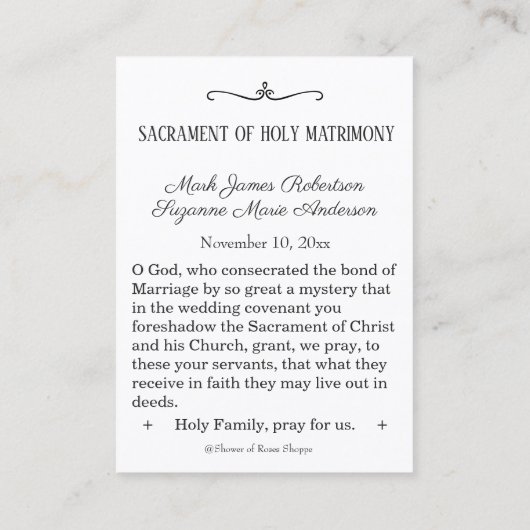 Carte De Visite Mariage catholique Favoriser la Sainte Famille Car (Dos)