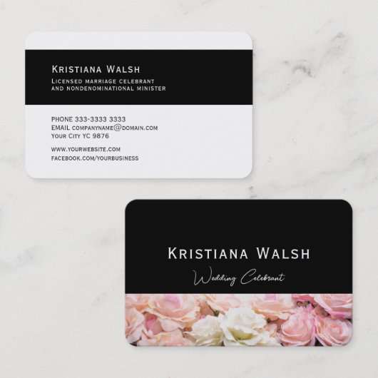 Carte De Visite Mariage Celebré noir avec fleurs roses (Devant / Derrière)