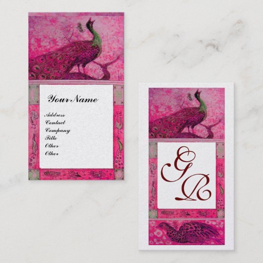 Carte De Visite MARIAGE LOVE PEACOCKS MONOGRAM rose Fuchsia Pearl (Devant / Derrière)