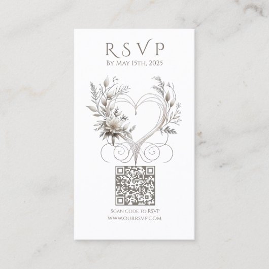 Carte De Visite Mariage RSVP QR code-Fleurs blanches avec un coeur (Devant)