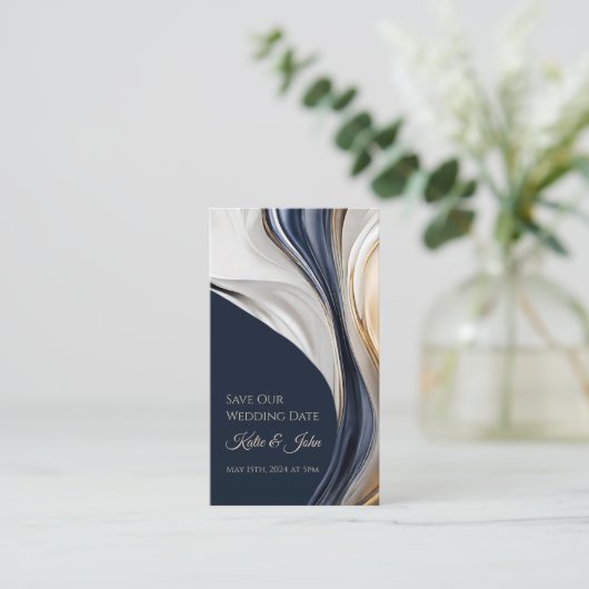 Carte De Visite Mariage Sauvez notre Date- Moderne Bleu Blanc et O (Debout devant)