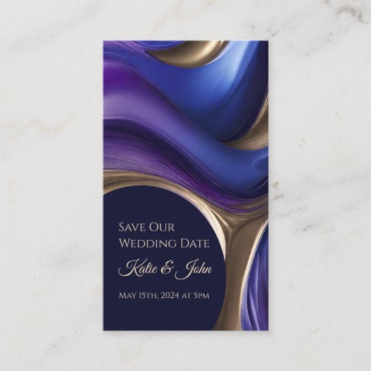Carte De Visite Mariage Sauvez notre Date- Moderne Bleu Violet Or- (Devant)