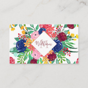 Carte De Visite Marine bleu et rouge aquarelle boho chic Fleurs
