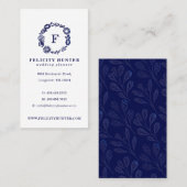 Carte De Visite Marine Bleu Floral Botanographie Monogramme Wreath (Devant / Derrière)